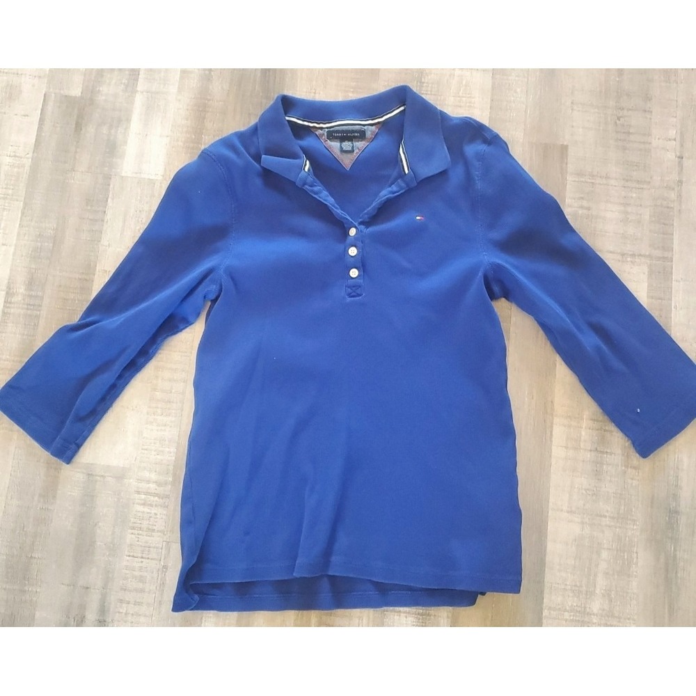 TOMMY HILFIGER Womens Top 3/4 Sleeve Blue Henley 100% Cotton VTG‎ 1/4 button up